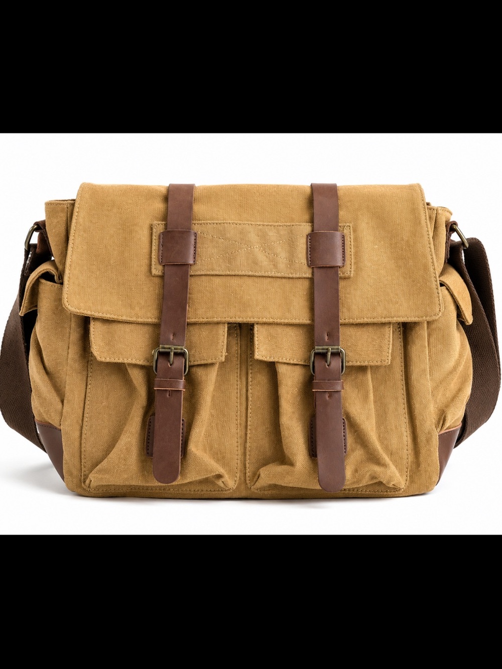 Collectif London Canvas Messenger Bag Brown Faux Leather Trim Satchel Laptop Bag